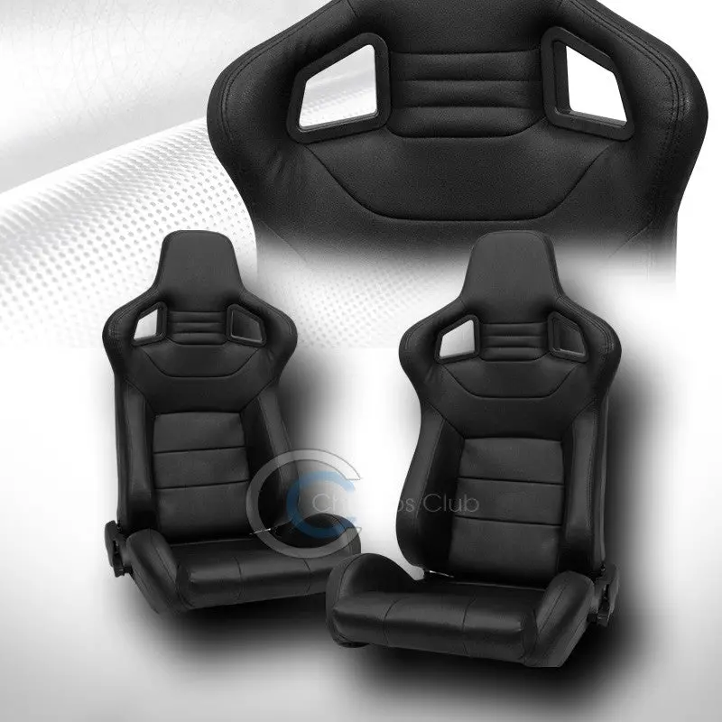 2-Piece Universal Black Pvc Leather Racing Bucket Seats – Red Stitching, Reclining, With Sliders 1