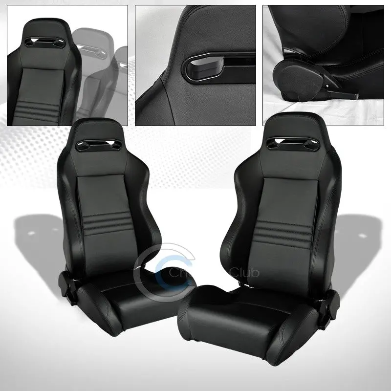 2-Piece Universal Black-Stitched Pvc Leather Racing Bucket Seats – Reclining, Sliding Mount 1