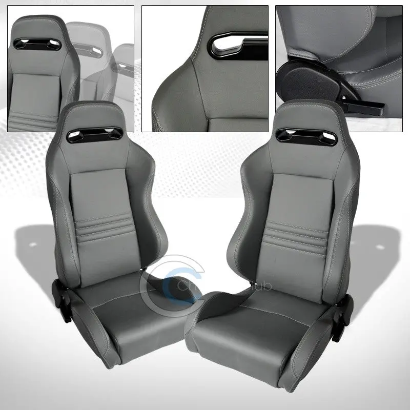 2-Piece Universal Gray-Stitched Pvc Leather Racing Bucket Seats – Reclining, Sliding Base 1