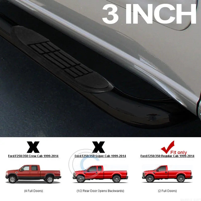 3-Inch Black Tubular Steel Nerf Bars For 1999–2016 Ford F-250/F-350 Super Duty Regular Cab 1