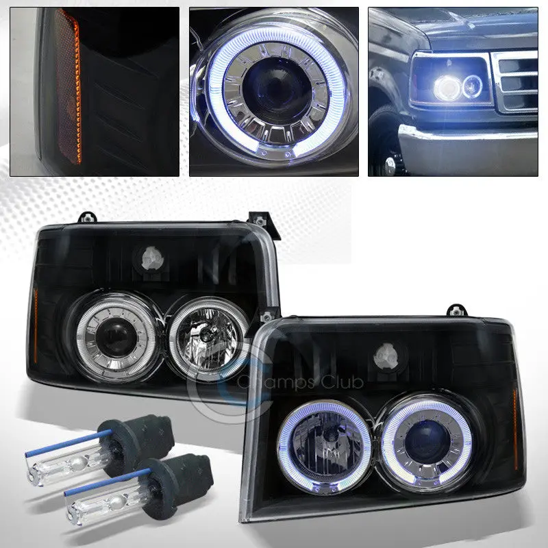 8000K Hid Xenon Headlights With Black Halo Projectors And Turn Signals For 1992–1996 Ford F-150 And Bronco 1