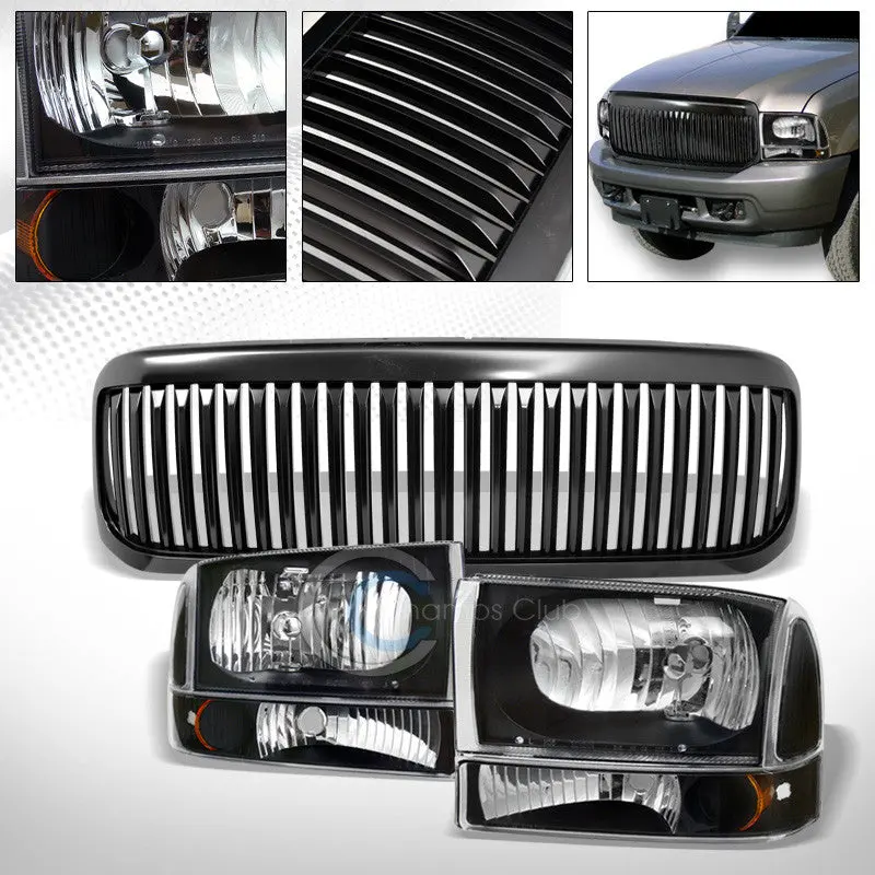 Black Corner Headlights With Amber Drls And Matte Vertical Grille For 1999–2004 Ford F-250/F-350 Super Duty 1