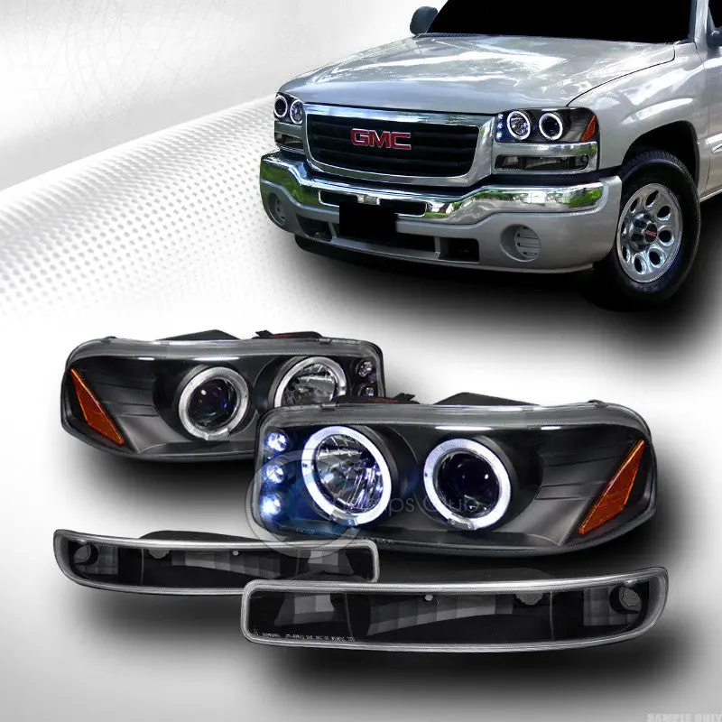 Black Halo Led Projector Headlights With Bumper Signal Lamps For 1999–2006 Gmc Sierra And Yukon 1