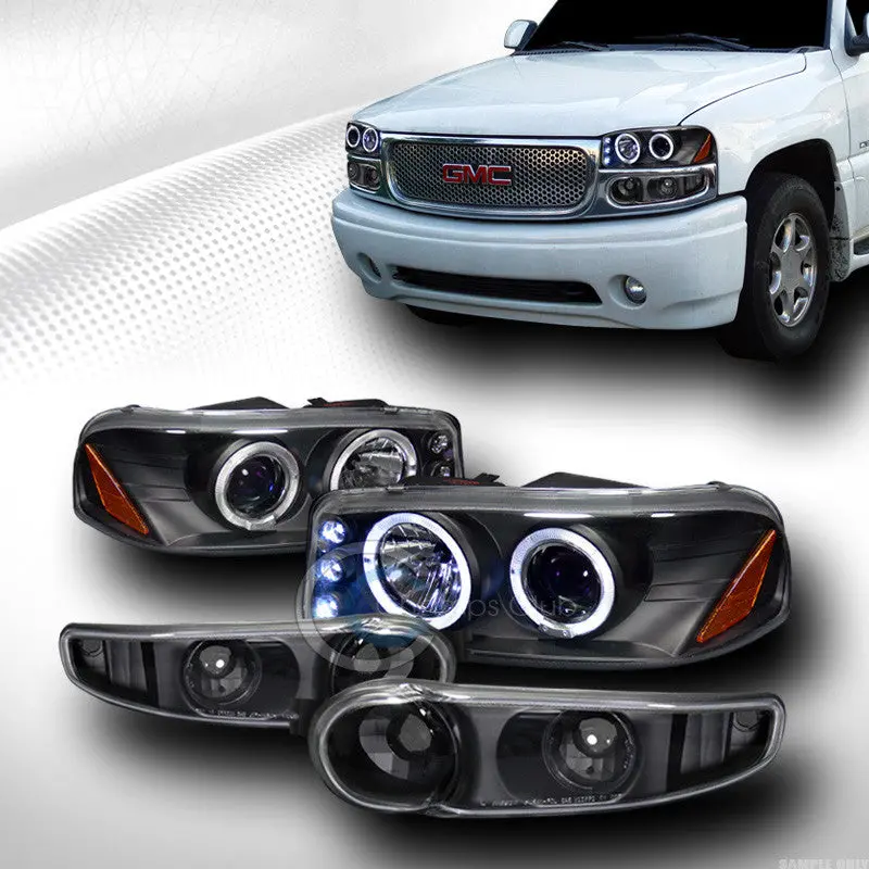 Black Halo Led Projector Headlights With Bumper Turn Signals For 2000–2006 Gmc Sierra, Yukon, And Denali 1