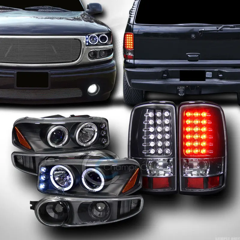 Black Halo Projector Headlights With Bumper & Led Tail Lamp Kit For 2001–2006 Gmc Yukon Denali 1
