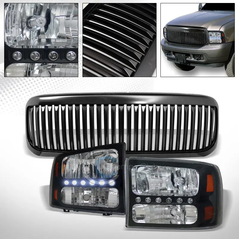 Black Led Corner Headlights With Amber Drls And Matte Vertical Grille For 1999–2004 F-250/F-350 1