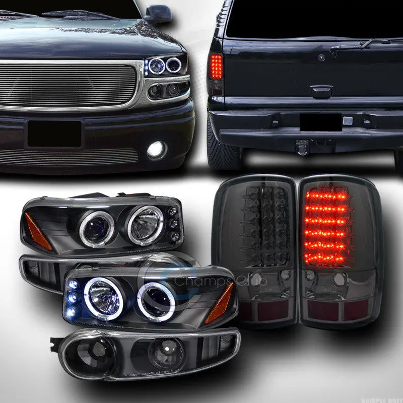 Black Projector Headlights With Matching Bumper & Led Tail Lamps For 2001–2006 Gmc Yukon Denali 1