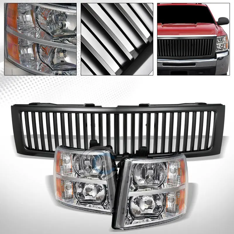 Chrome Headlights With Amber Signals And Matte Black Vertical Grille For 2007–2013 Chevrolet Silverado 1500 1