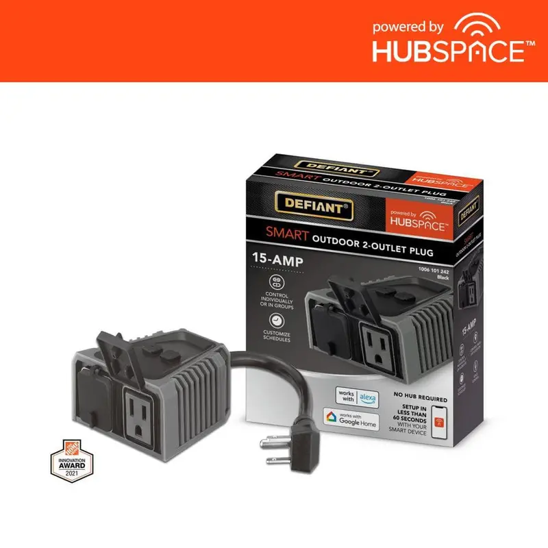 Defiant Outdoor Smart Plug – 15A Wi-Fi/Bluetooth Dual Outlet, Hubspace Powered 1
