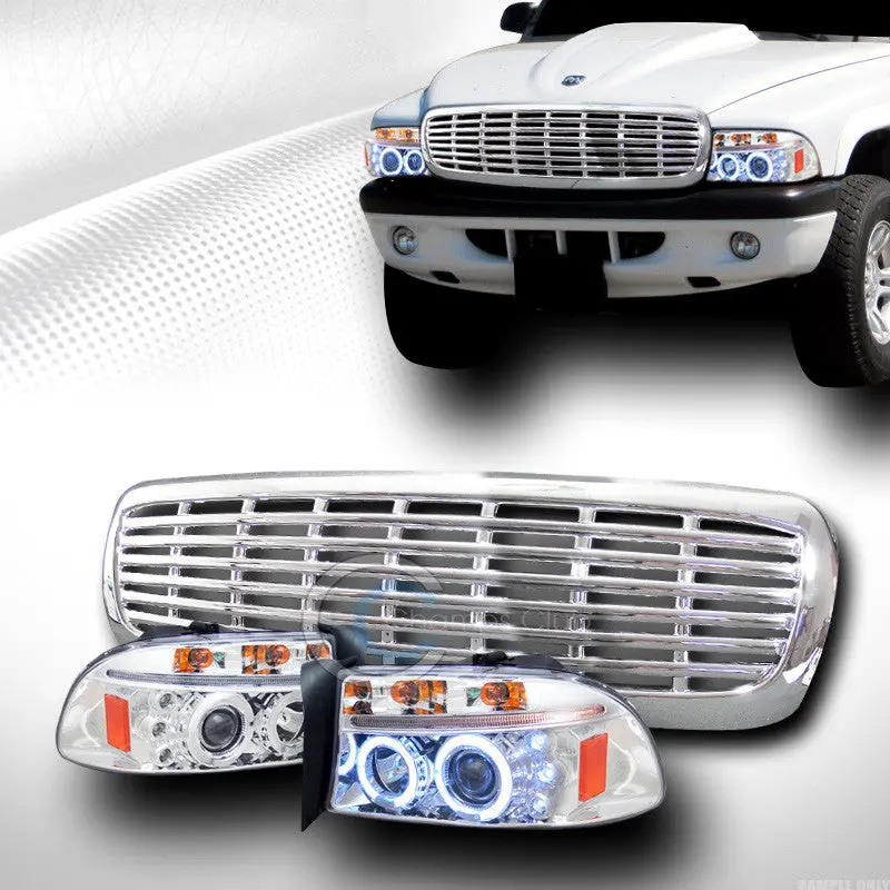 Euro-Style Chrome Halo Led Headlights With Matching Grille For 1997–2004 Dodge Dakota And Durango 1