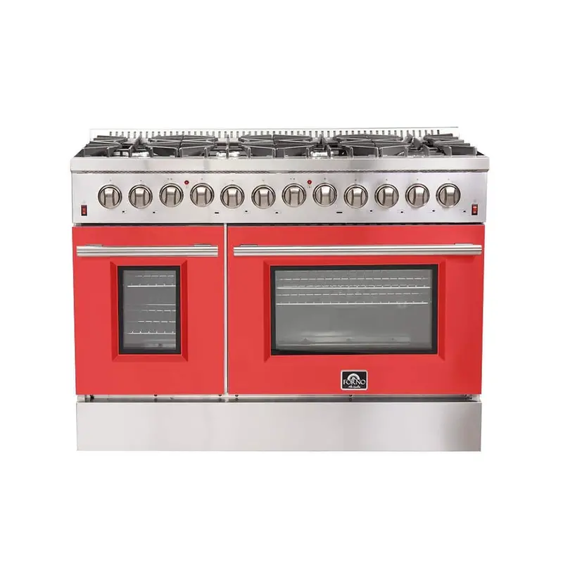 Forno Galiano 48-In Dual Fuel Range – 8 Burners, Gas Stove + Electric Oven, Stainless Steel With Red Accents 1