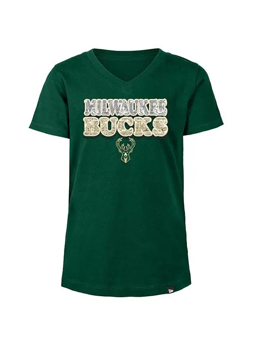 Girls' New Era Sparkle V-Neck T-Shirt – Milwaukee Bucks Youth Style 1