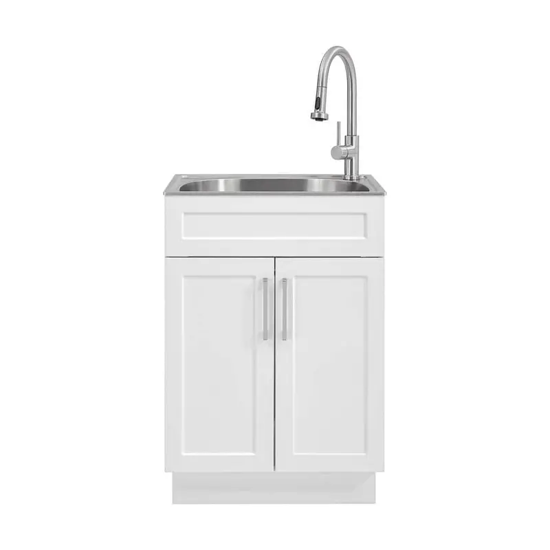 Glacier Bay All-In-One 24-Inch Stainless Steel Laundry Sink With Integrated Faucet And White Storage Cabinet 1