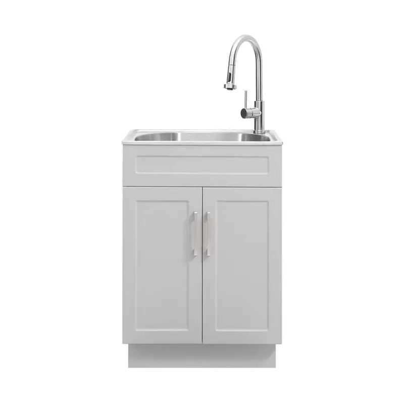 Glacier Bay Stainless Steel Laundry Sink & Cabinet – 24" Cool Gray All-In-One Unit With Faucet And Storage 1