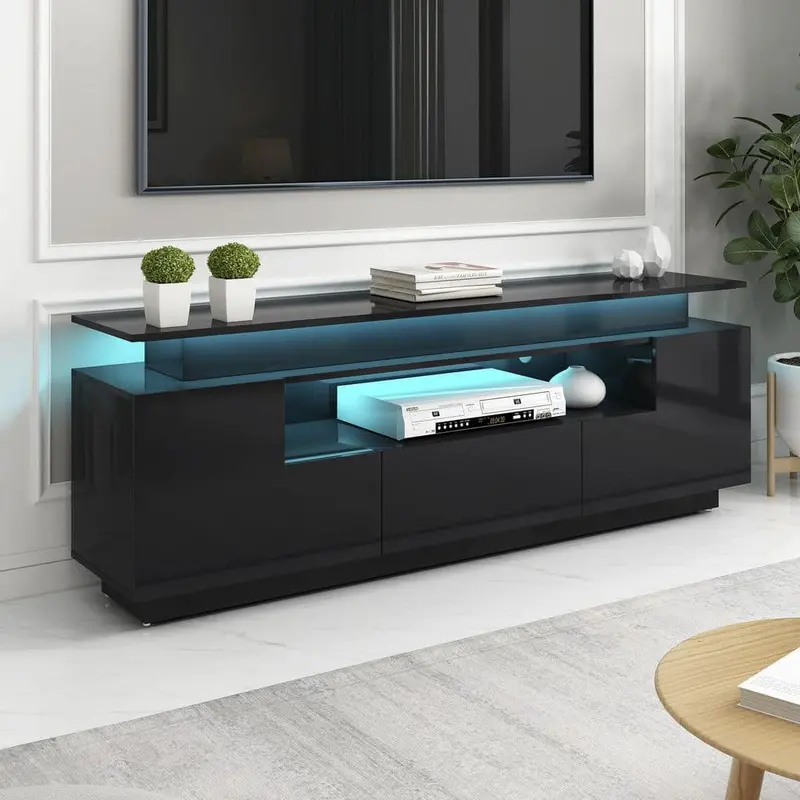 Harper & Bright Designs 67-Inch Black Led Tv Stand With Cabinets, Drawer, And Shelf – Supports Tvs Up To 75 Inches 1