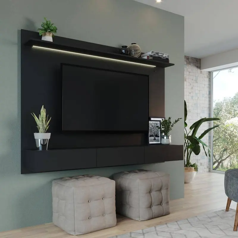 Homestock Black Floating Wall-Mounted Entertainment Center For Tvs Up To 75 Inches With Led Lighting 1