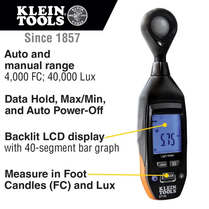 Klein Tools Et130 Digital Light Meter With Lux/Fc Readings 1