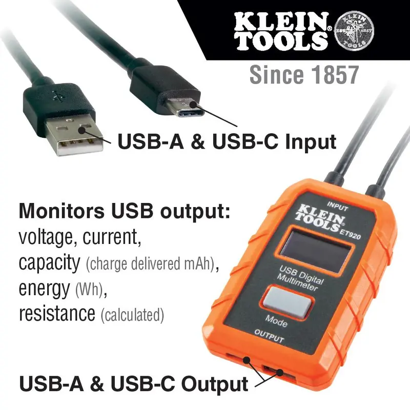 Klein Tools Et920 Dual-Port Usb Digital Meter (Usb-A & Usb-C) 1