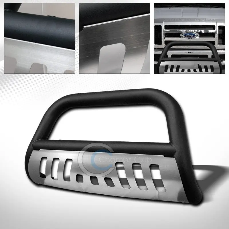 Matte Black Bull Bar Push Bumper With Stainless Steel Skid Plate – Fits 2008–2010 Ford F-250/F-350 1