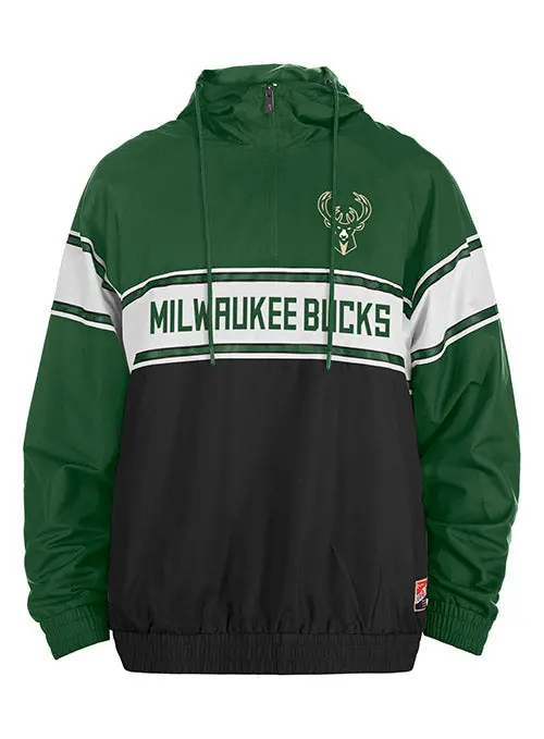 New Era Green & Black 1/4 Zip Hooded Sweatshirt – Milwaukee Bucks Layered Look 1