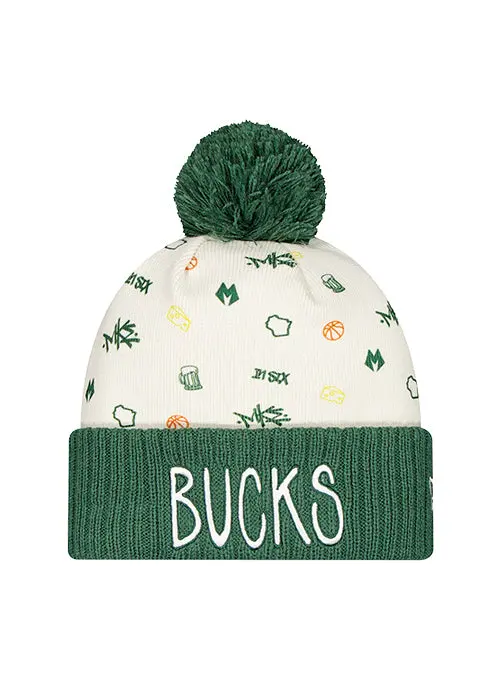New Era Wisconsin All-Over Print Milwaukee Bucks Pom-Pom Beanie 1