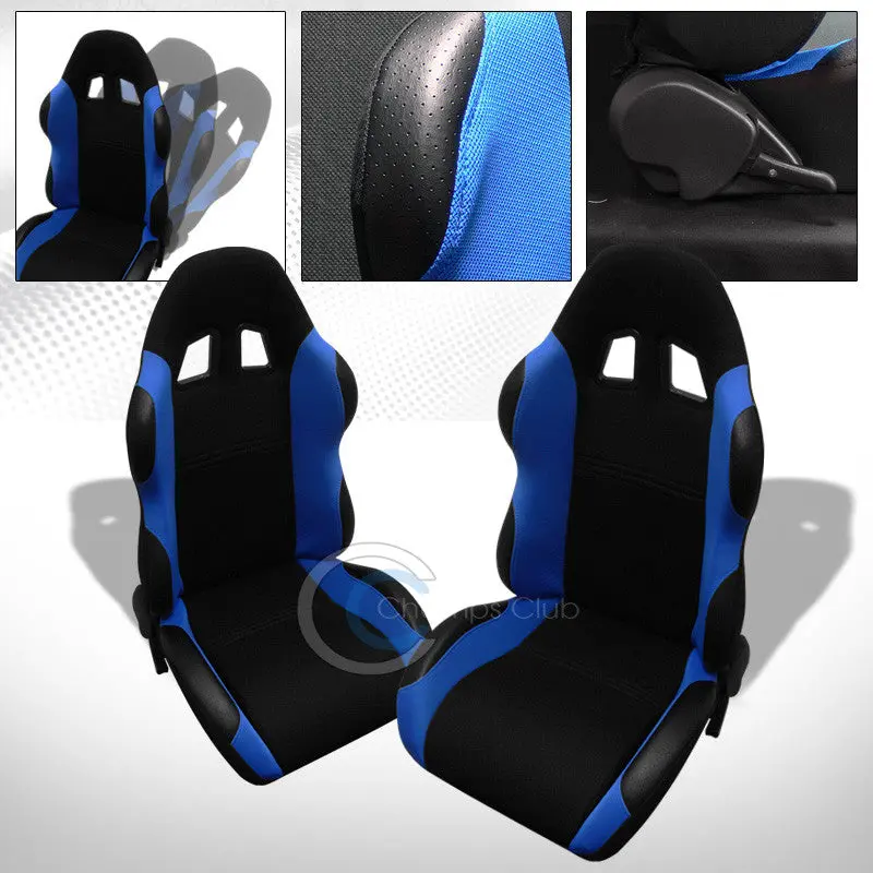 Pair Of Universal Black-And-Blue Cloth-Leather Racing Bucket Seats With Reclining Backrest And Slide Mounts – Model C01 1