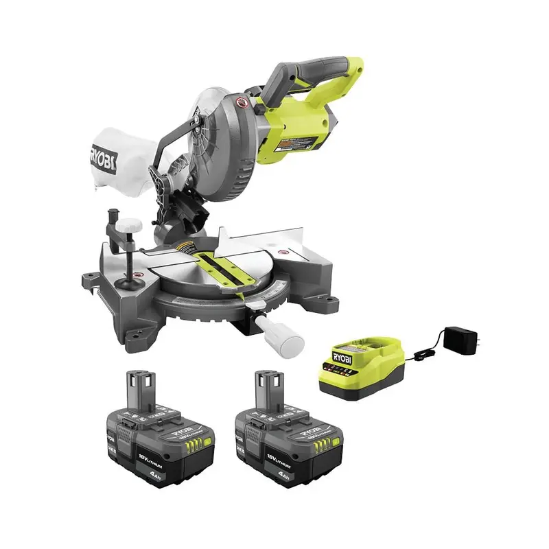 Ryobi One+ 18V 7-1/4" Cordless Compound Miter Saw Kit – Includes Two 4.0Ah Batteries & Charger 1