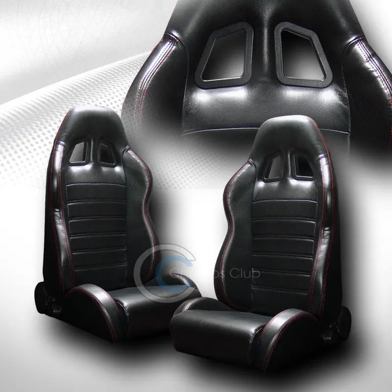 Sp Black Pvc Leather Racing Bucket Seat Pair – Red Stitch Accent, Includes Sliders (C01) 1