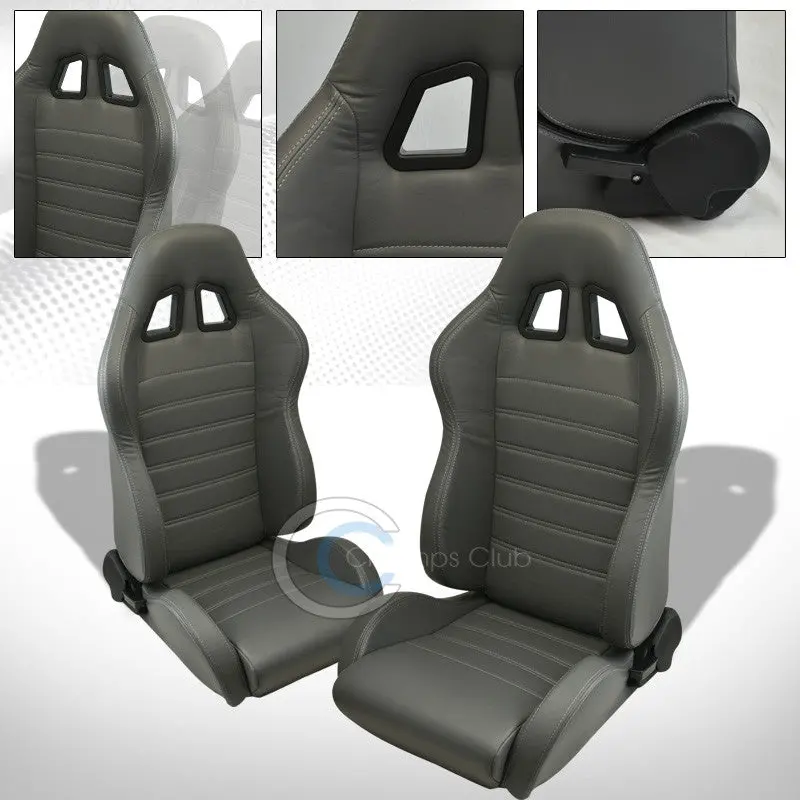 Sp Gray-Stitch Pvc Leather Racing Bucket Seat Pair – Reclining Design With Sliders (C01) 1