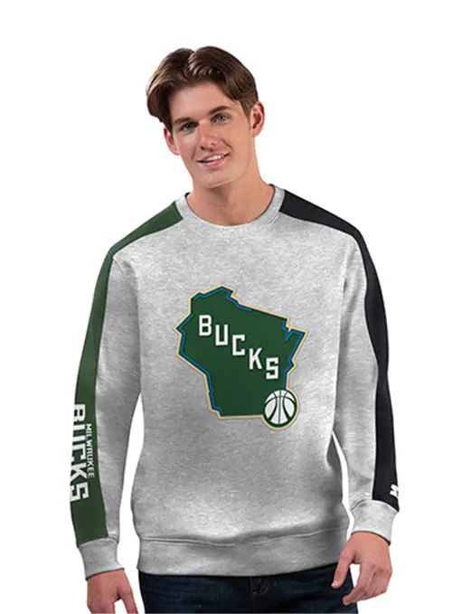 Starter Stadium State Grey Crewneck Sweatshirt – Official Milwaukee Bucks Gear 1