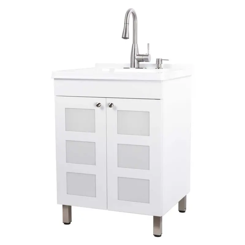 Tehila 24.5X21.5X34-Inch White Utility Sink Cabinet Featuring Hybrid Stainless Steel Faucet And Soap Dispenser 1