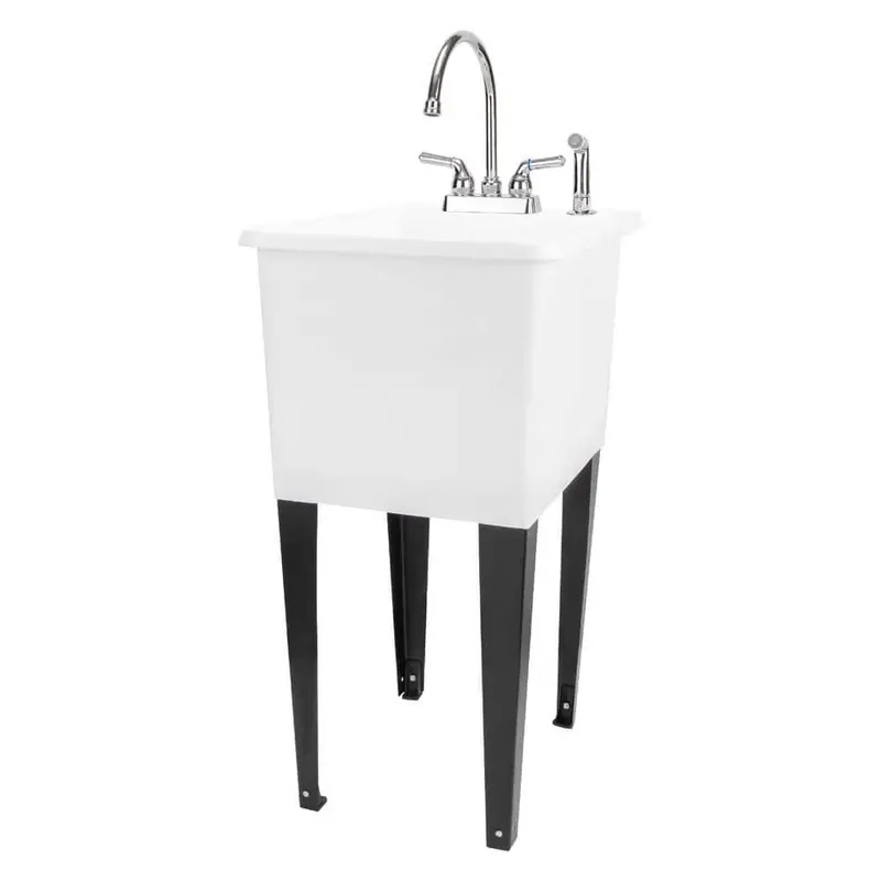 Tehila Compact 17.75" X 23.25" Thermoplastic Freestanding Utility Sink In White – Includes Chrome Faucet & Side-Mount Sprayer 1