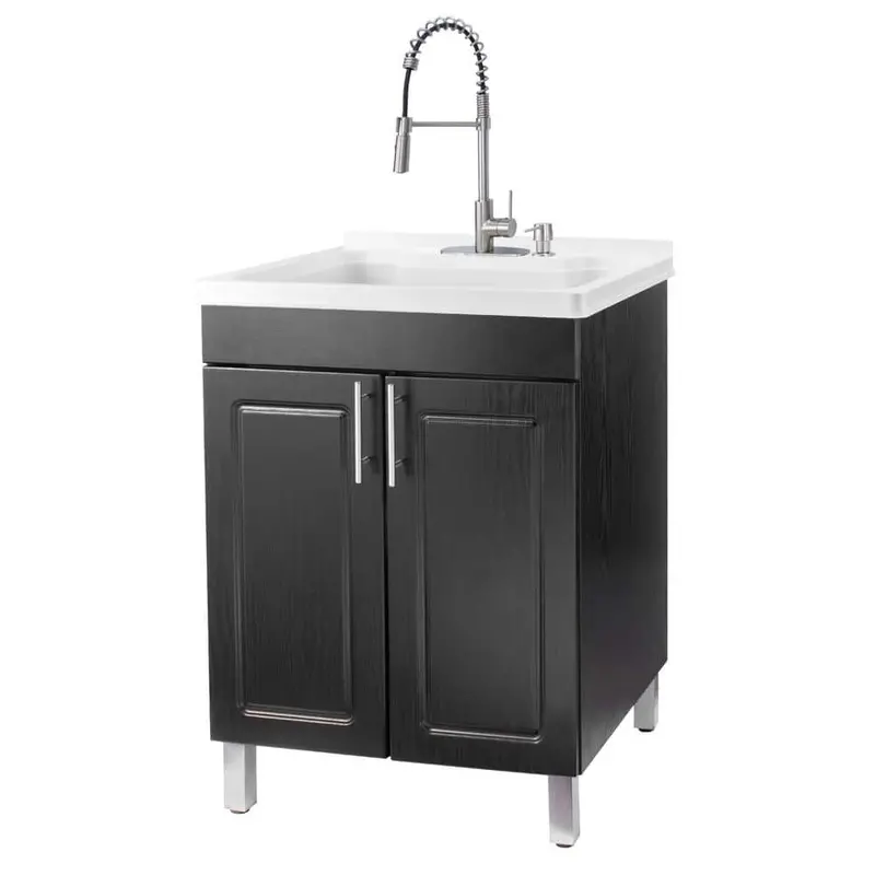 Tehila Thermoplastic Drop-In Utility Sink Set – 24" X 21.75" X 33.75" With Stainless Coil Faucet, Soap Dispenser & Black Mdf Cabinet 1