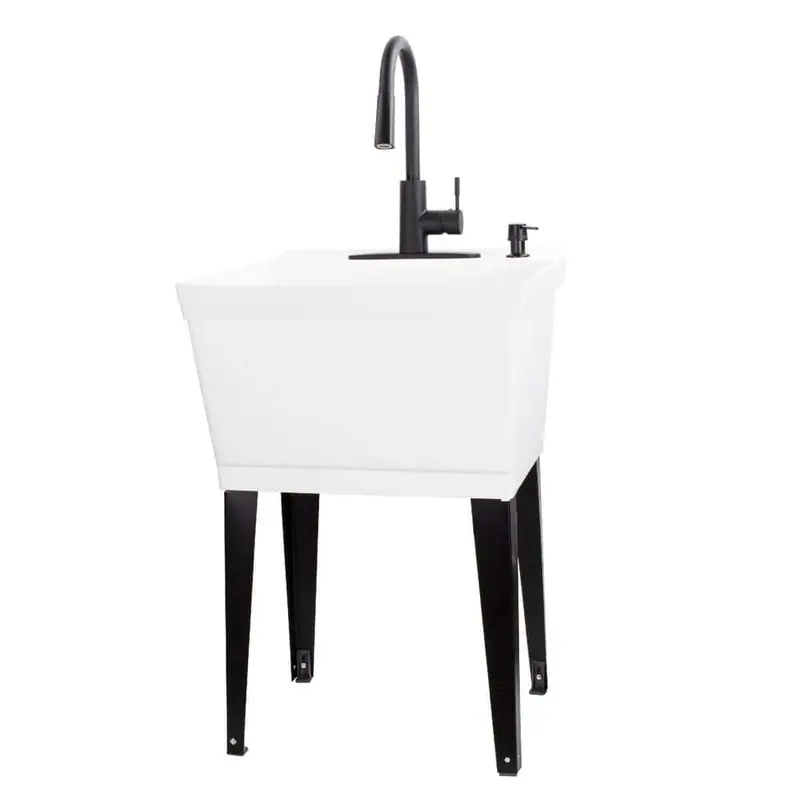 Tehila White Utility Sink Kit – 22.875" X 23.5", 19-Gallon Capacity With Black Metal Hybrid Faucet & Soap Dispenser 1