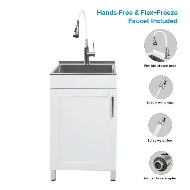 Transolid Stainless Steel Freestanding Laundry Sink & Cabinet – 20" X 20" X 34.6", White All-In-One Utility Unit With Faucet 1