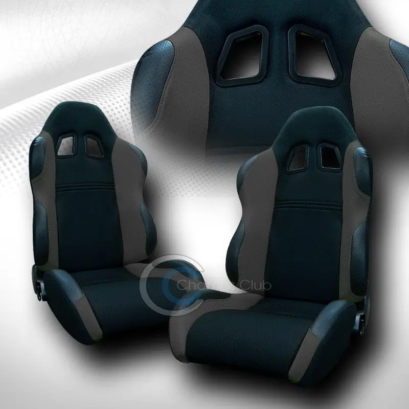 Ts Racing Bucket Seat Pair – Black And Gray Cloth-Leather, Reclining, With Slider Mechanism (C01) 1