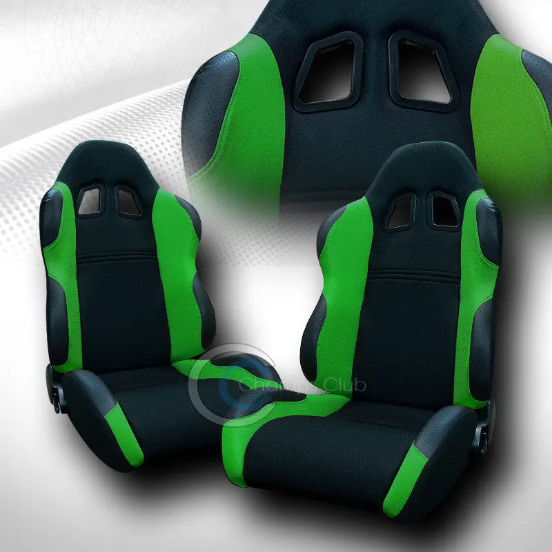 Ts Racing Bucket Seat Pair – Black And Green Cloth-Leather, Fully Reclining, Includes Sliders (C01) 1