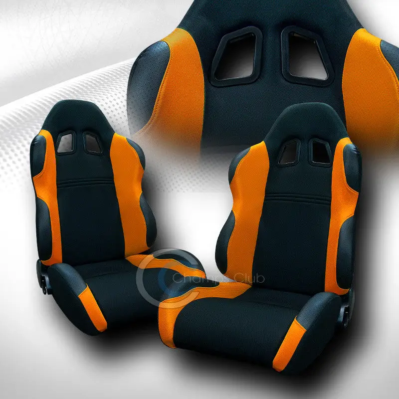 Ts Racing Bucket Seat Pair – Black And Orange Cloth-Leather, Reclining, Includes Sliders (C01) 1