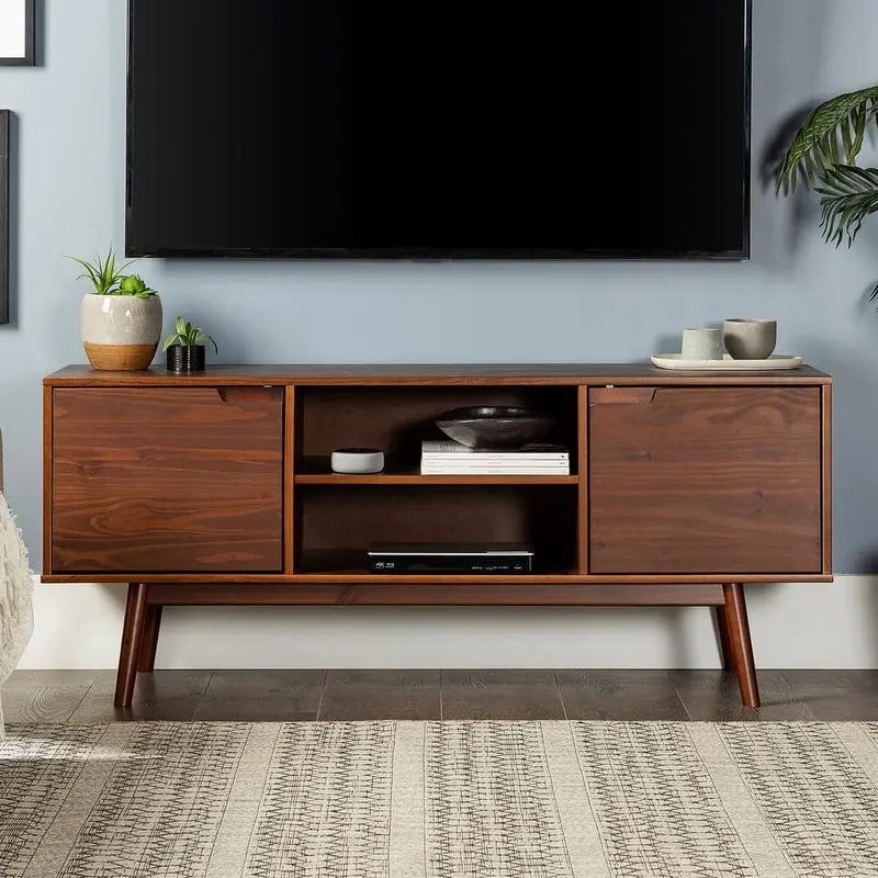 Welwick Designs 58-Inch Walnut Solid Wood Tv Console With Cutout Handles – Supports Tvs Up To 65 Inches 1