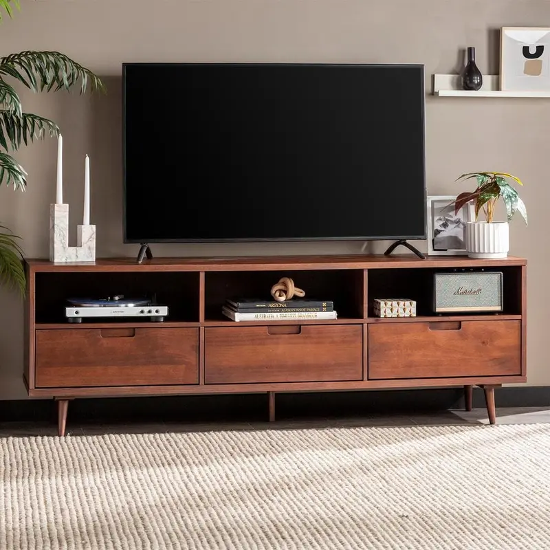 Welwick Designs 70-Inch Boho-Chic Solid Walnut Tv Stand With Three Functional Drawers 1