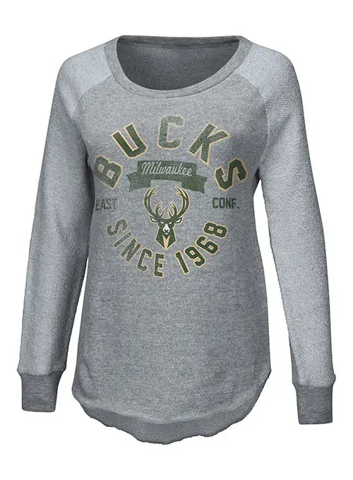 Women'S Distressed Gridiron-Style Milwaukee Bucks Crewneck Sweatshirt 1