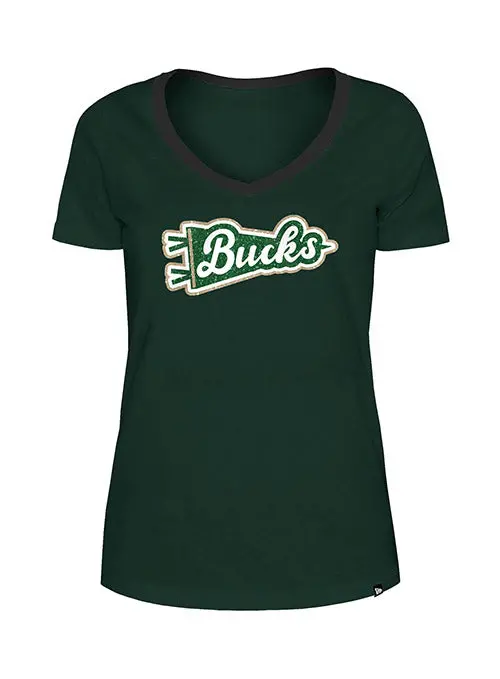 Women'S New Era V-Neck Gameday Flag Green Milwaukee Bucks Tee 1