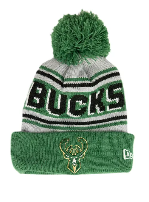Youth New Era Wordmark Pom Milwaukee Bucks Beanie 1