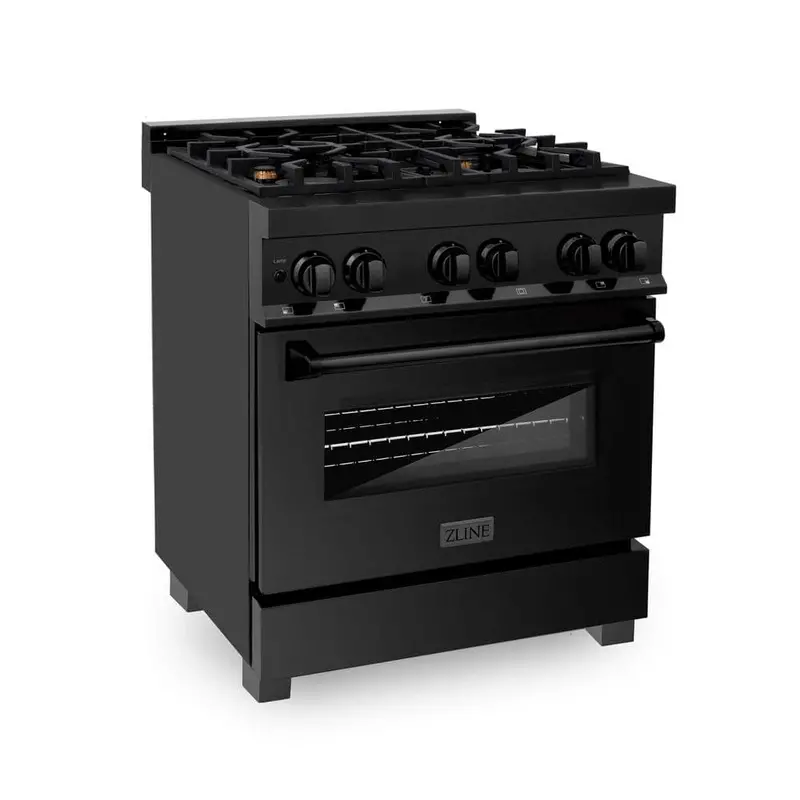 Zline 30-Inch 4-Burner Dual Fuel Range – Black Stainless Steel With Decorative Brass Burners 1