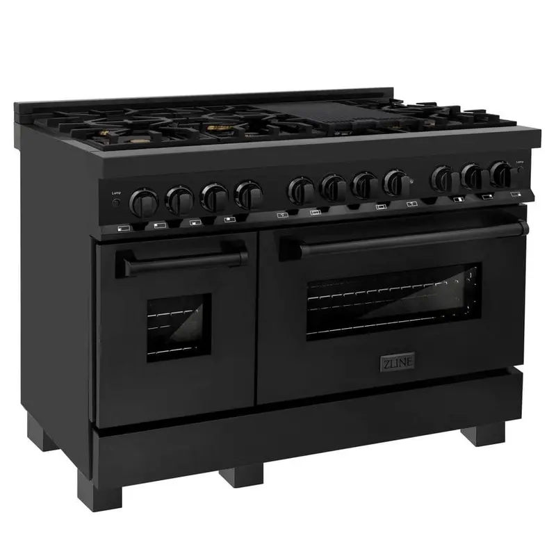 Zline 48-Inch Dual Fuel Range With Brass Burners – Black Stainless Steel Design 1