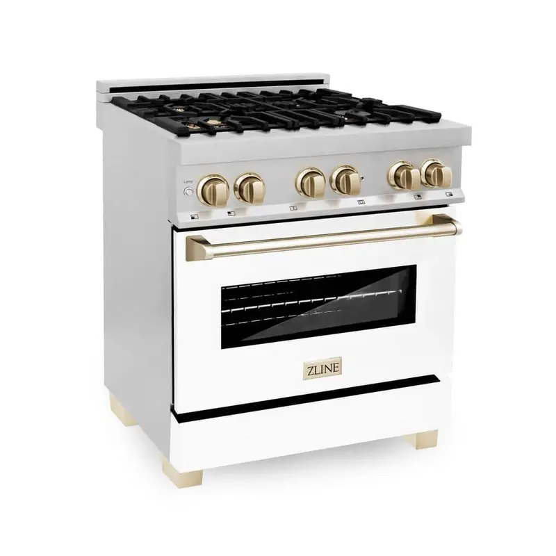 Zline Autograph Edition 30-Inch 4-Burner Dual Fuel Range – Stainless Steel, White Matte & Polished Gold 1