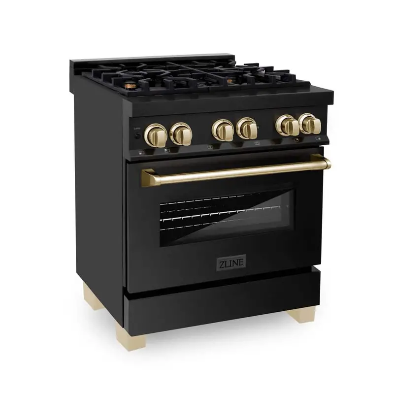 Zline Autograph Edition 30-Inch Dual Fuel Range – 4 Burners, Black Stainless & Gold 1