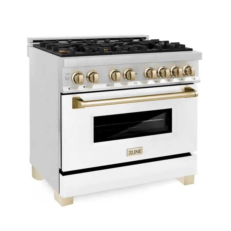 Zline Autograph Edition 36-Inch Dual Fuel Range – Stainless, White Matte & Gold Trim 1
