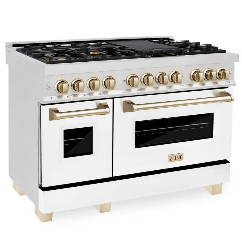 Zline Autograph Edition 48-Inch 7-Burner Dual Fuel Range – Fingerprint-Resistant Stainless, White Matte & Polished Gold 1