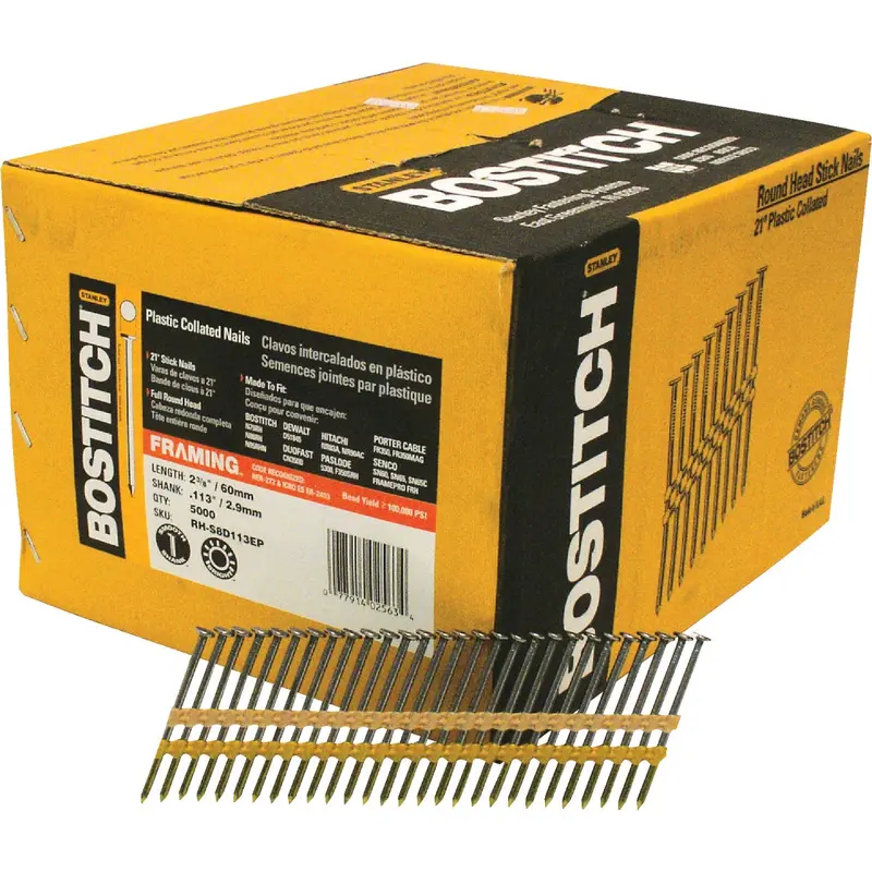 Bostitch 21° Full Round Head Framing Nails, 2-3/8 In. × 0.113 In., Plastic Strip Collated (5000 Count) 1